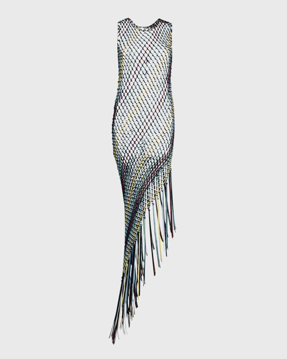 Nabia Sleeveless Asymmetric Net Midi Dress